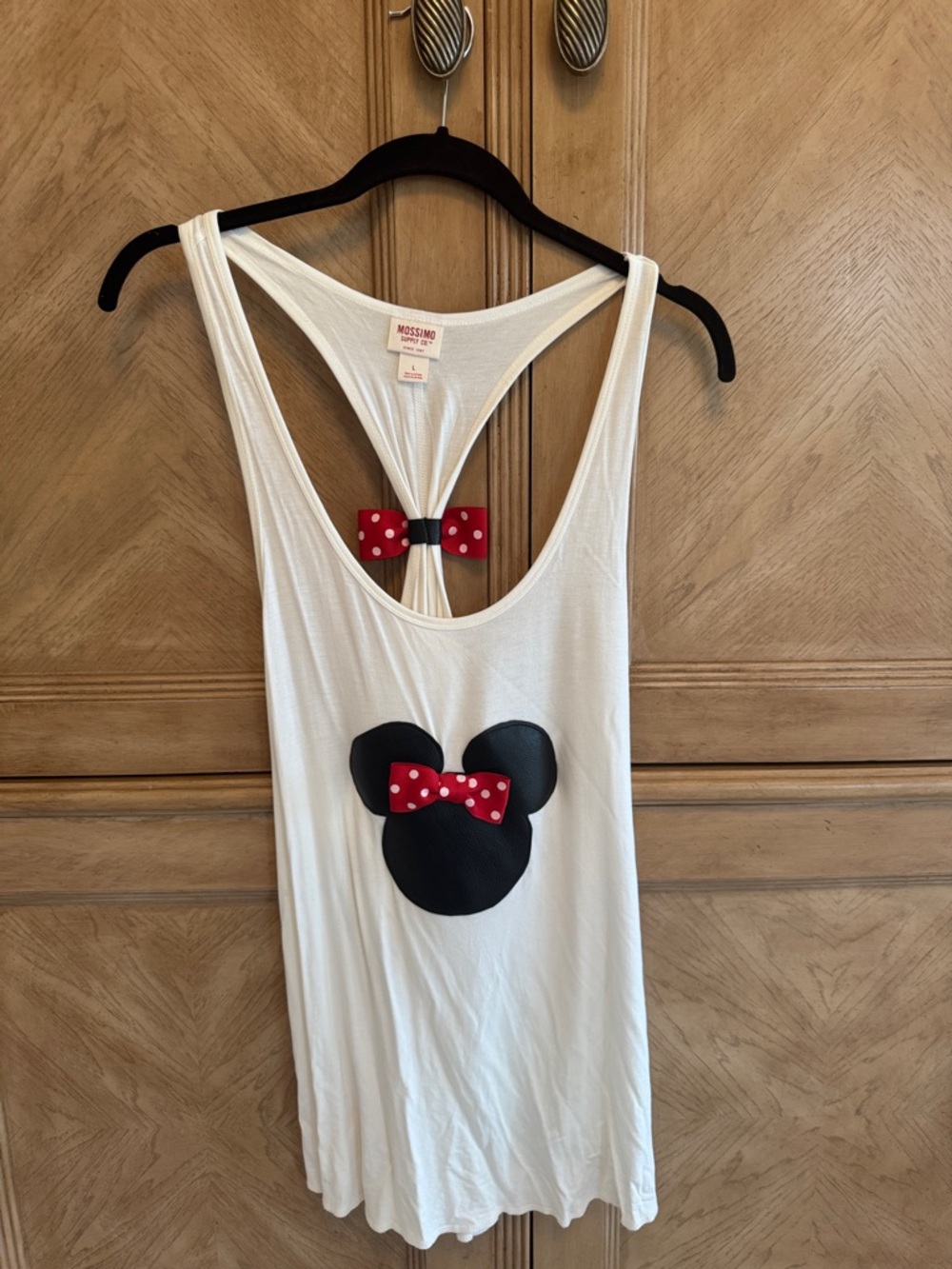 White Minnie Mouse Tank with Red Polka Dot Bow small spot on side